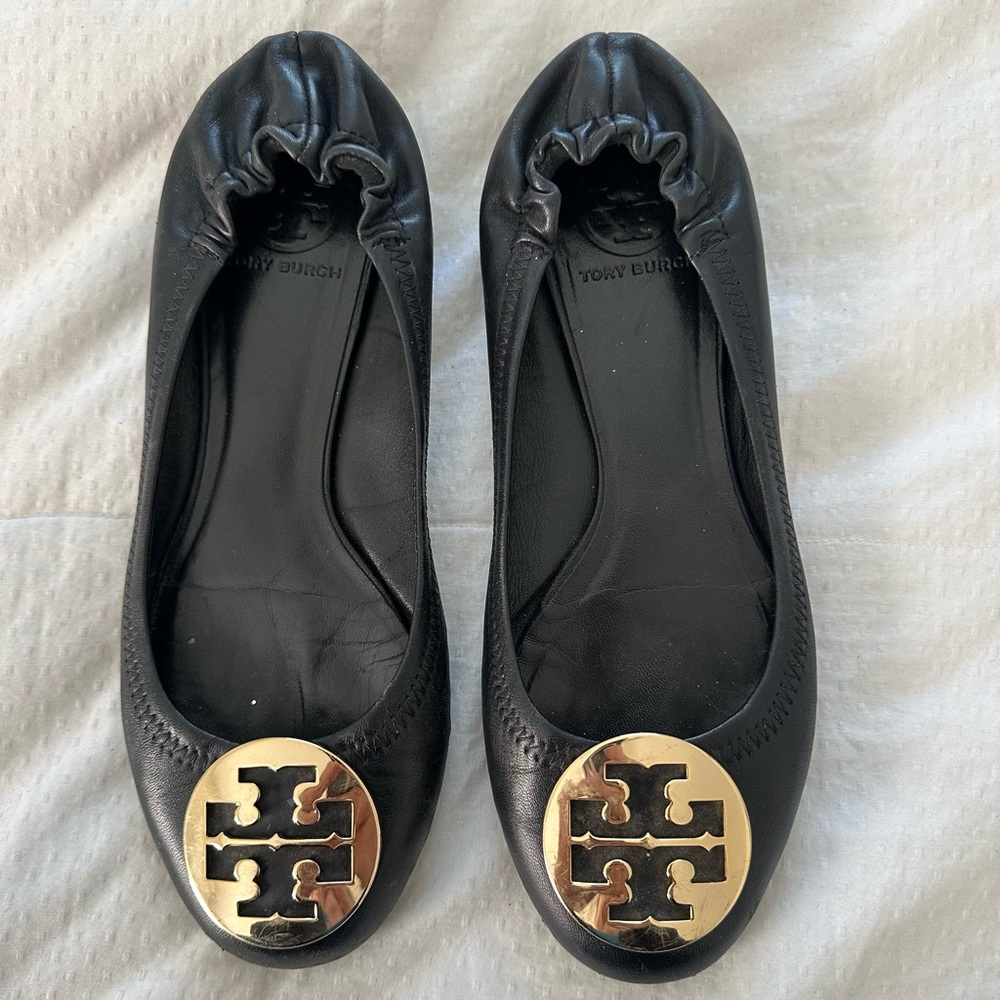 Tory Burch Black Flats with Gold Emblem